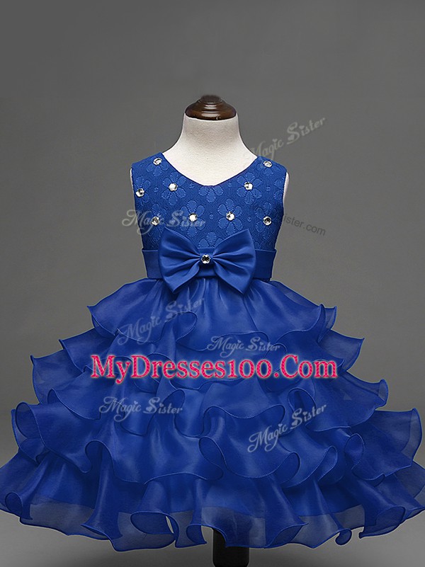 Custom Designed Royal Blue Sleeveless Organza Zipper Little Girl Pageant Gowns for Wedding Party