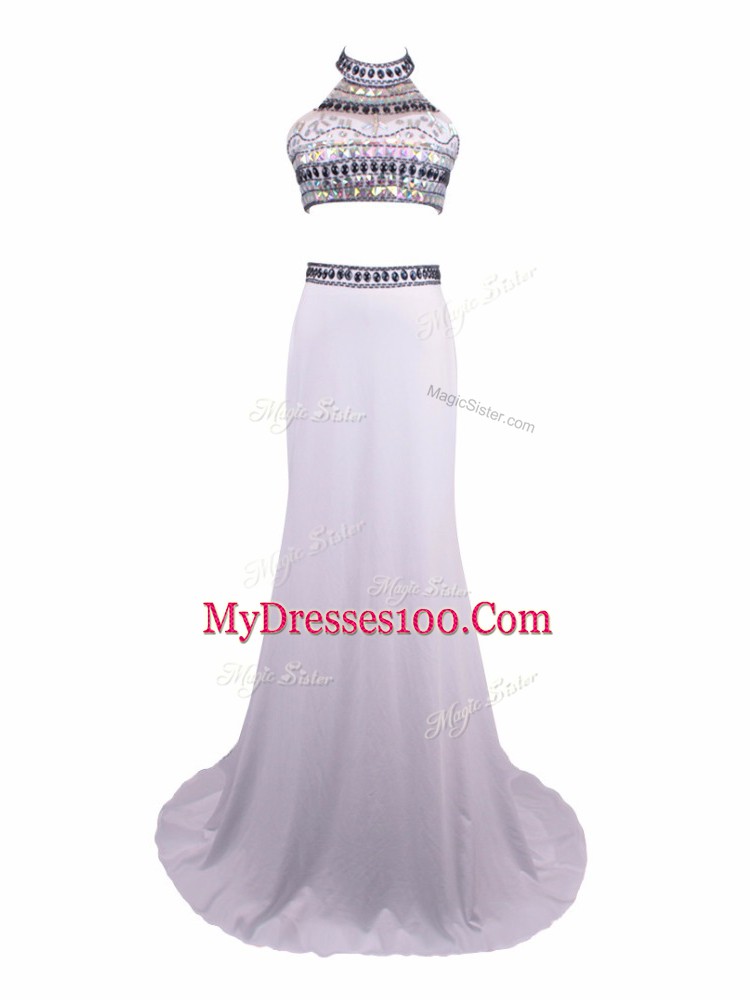 Amazing Sleeveless Beading Zipper Prom Dress with White Brush Train