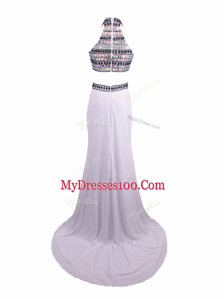 Amazing Sleeveless Beading Zipper Prom Dress with White Brush Train