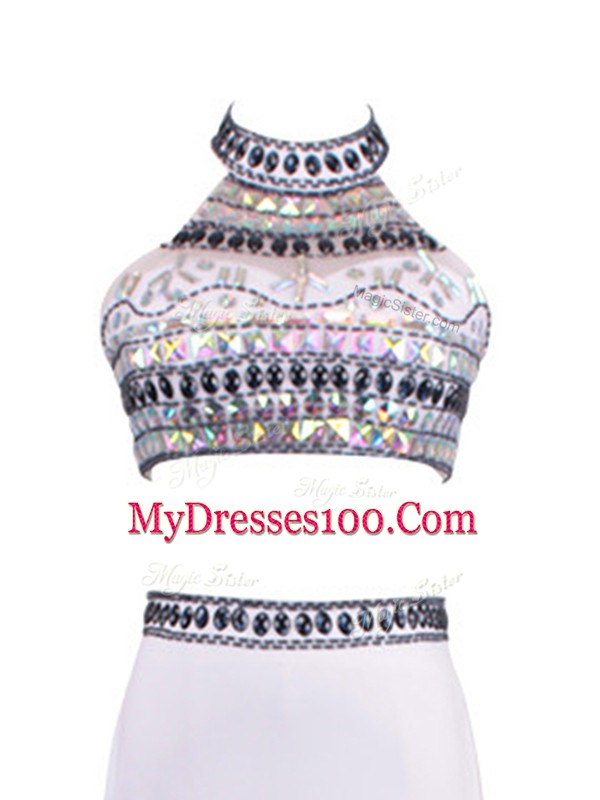 Amazing Sleeveless Beading Zipper Prom Dress with White Brush Train