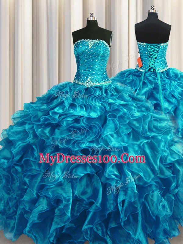 Colorful Organza Sleeveless Floor Length Quinceanera Gowns and Beading and Ruffles
