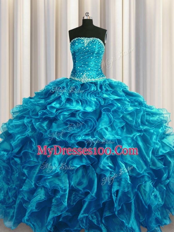 Colorful Organza Sleeveless Floor Length Quinceanera Gowns and Beading and Ruffles