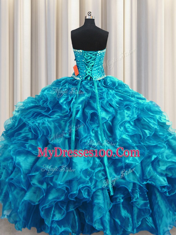 Colorful Organza Sleeveless Floor Length Quinceanera Gowns and Beading and Ruffles