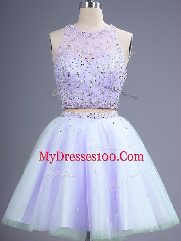 Luxury Tulle Scoop Sleeveless Lace Up Beading Wedding Guest Dresses in Lavender