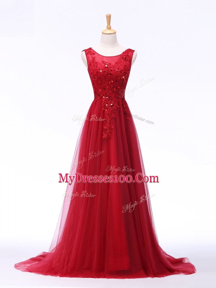 Red Empire Tulle Scoop Sleeveless Lace and Appliques Lace Up Brush Train