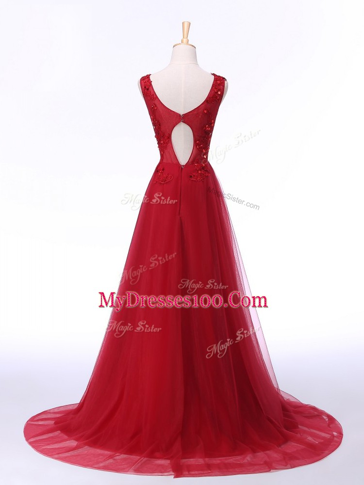 Red Empire Tulle Scoop Sleeveless Lace and Appliques Lace Up Brush Train