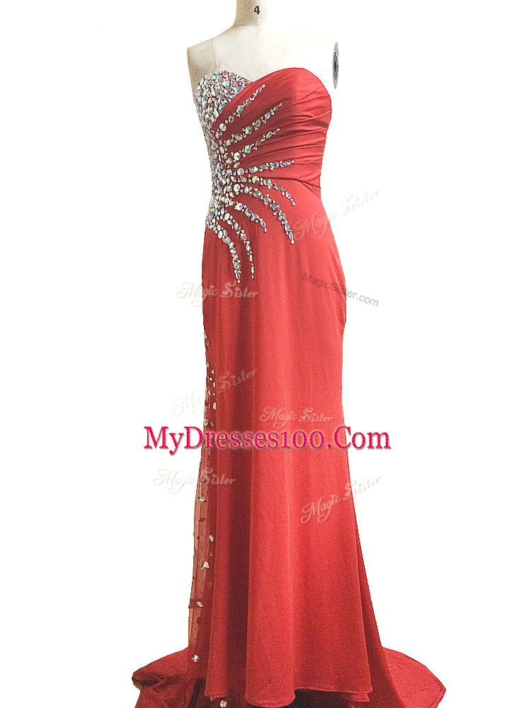 Best Chiffon Sleeveless Evening Dress Brush Train and Beading and Ruching