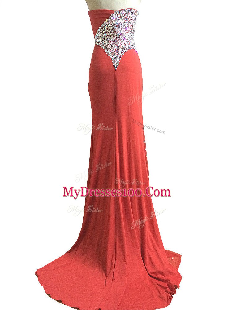 Best Chiffon Sleeveless Evening Dress Brush Train and Beading and Ruching