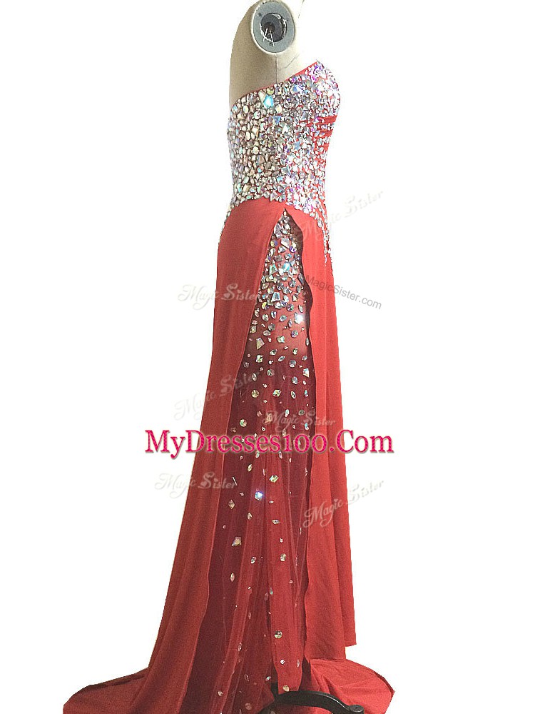 Best Chiffon Sleeveless Evening Dress Brush Train and Beading and Ruching