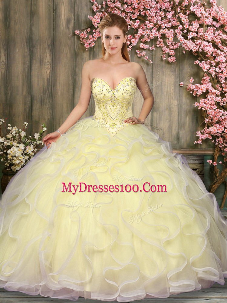 Fantastic Tulle Sweetheart Sleeveless Lace Up Beading and Ruffles Ball Gown Prom Dress in Light Yellow