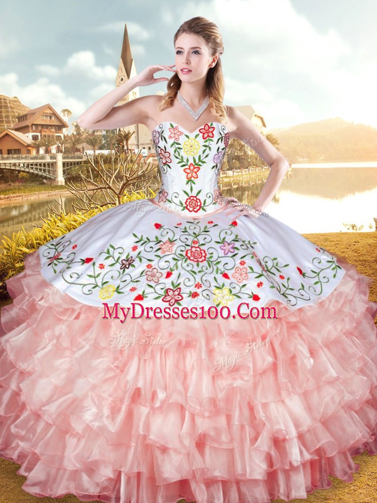 Peach Ball Gowns Organza and Taffeta Sweetheart Sleeveless Embroidery and Ruffled Layers Floor Length Lace Up 15 Quinceanera Dress