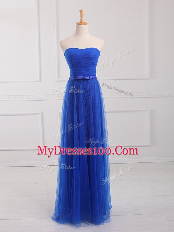Sleeveless Tulle and Lace Floor Length Lace Up Bridesmaid Dress in Royal Blue with Belt