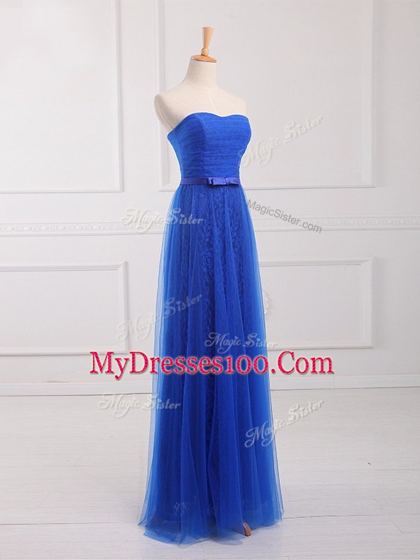 Sleeveless Tulle and Lace Floor Length Lace Up Bridesmaid Dress in Royal Blue with Belt