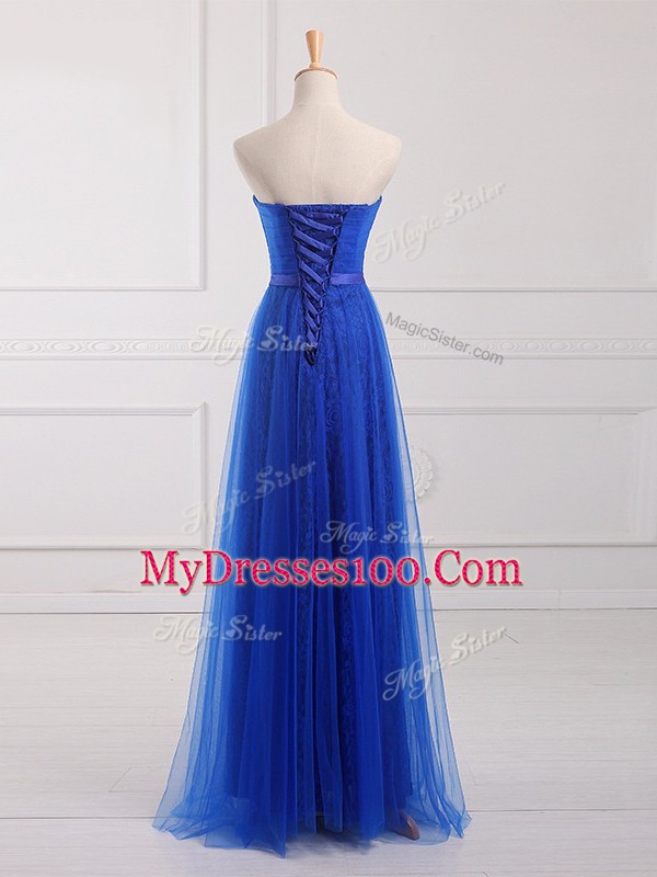 Sleeveless Tulle and Lace Floor Length Lace Up Bridesmaid Dress in Royal Blue with Belt