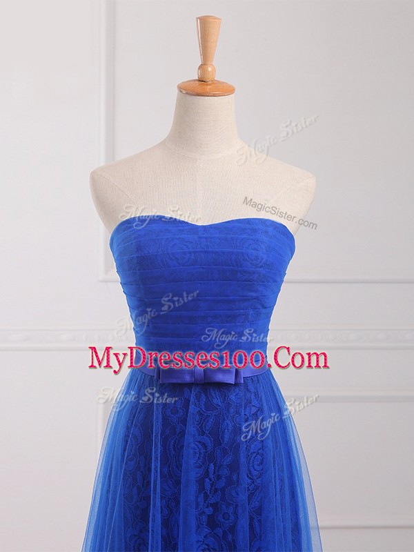 Sleeveless Tulle and Lace Floor Length Lace Up Bridesmaid Dress in Royal Blue with Belt