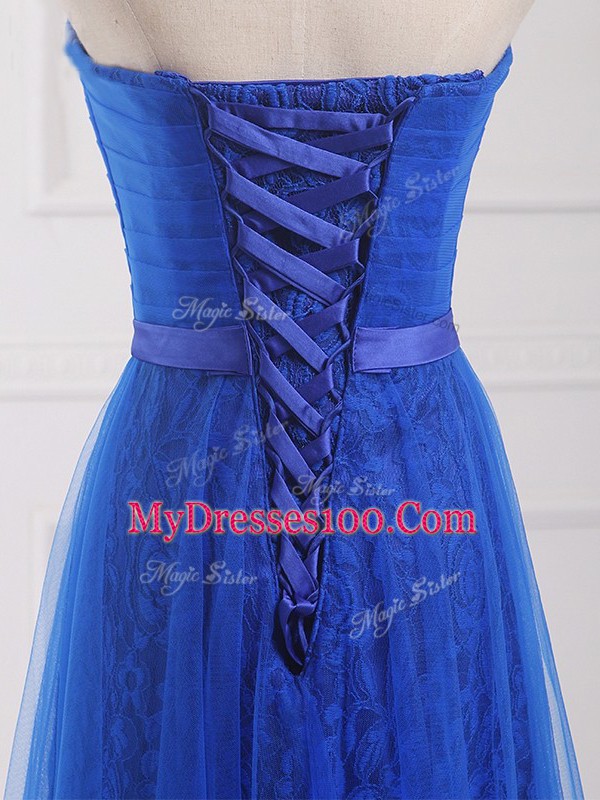 Sleeveless Tulle and Lace Floor Length Lace Up Bridesmaid Dress in Royal Blue with Belt