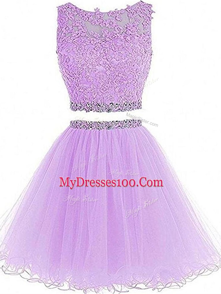 Sleeveless Tulle Mini Length Zipper Junior Homecoming Dress in Lavender with Beading and Lace and Appliques