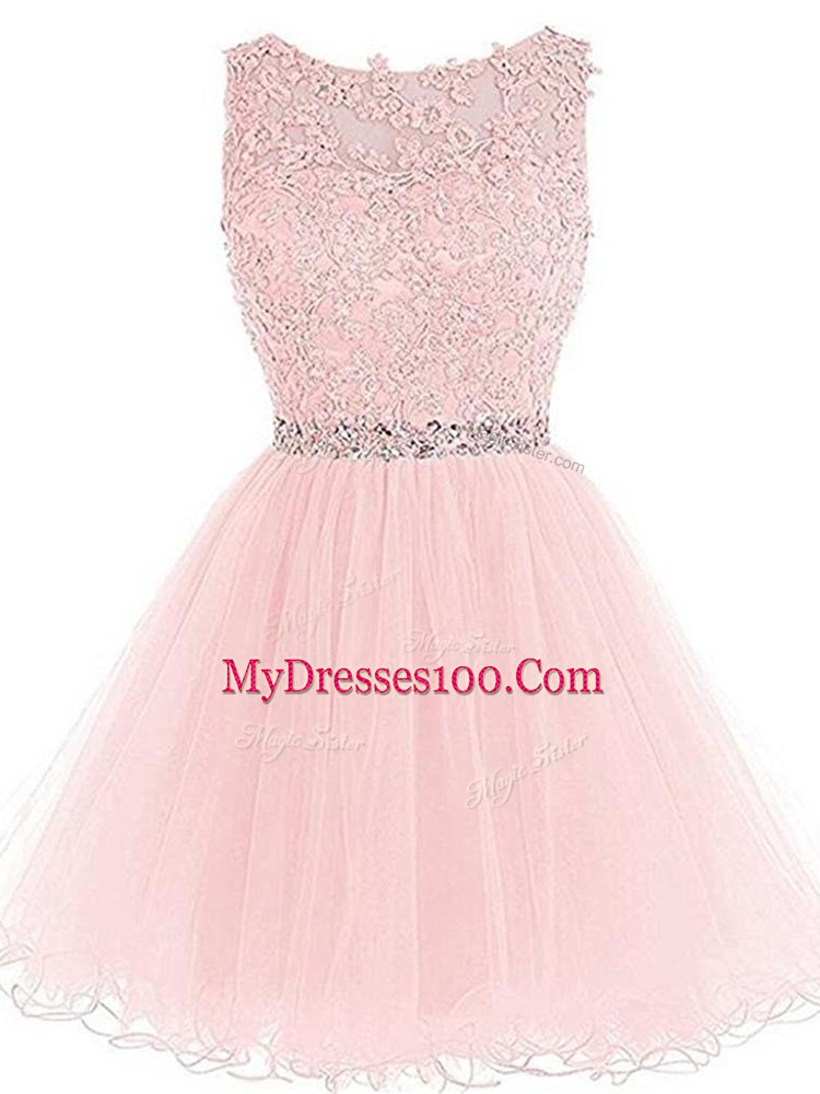 Beading and Lace and Appliques and Ruffles Prom Dresses Pink Zipper Sleeveless Mini Length