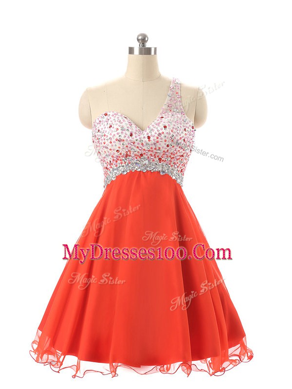 Customized Sleeveless Chiffon and Tulle Mini Length Backless Prom Gown in Orange Red with Beading