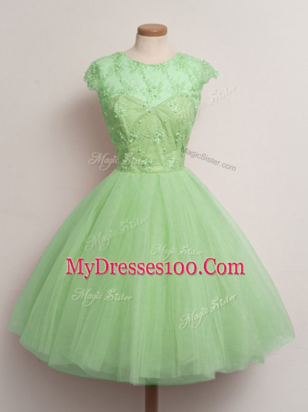 Pretty Ball Gowns Scoop Cap Sleeves Tulle Knee Length Lace Up Lace Bridesmaid Dress