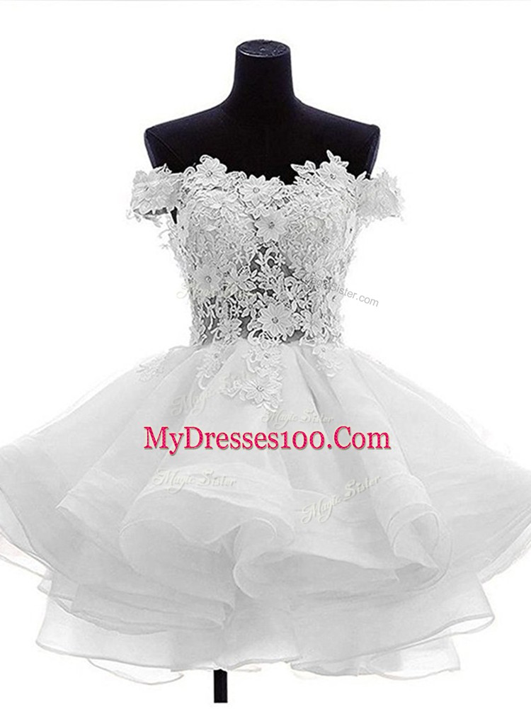 Elegant Off The Shoulder Sleeveless Prom Gown Mini Length Beading and Lace and Ruffles White Organza