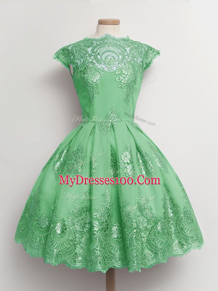 Green Scalloped Lace Up Lace Dama Dress Cap Sleeves