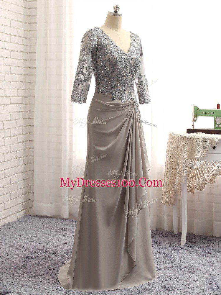 Grey Long Sleeves Lace and Appliques Floor Length Mother Of The Bride Dress