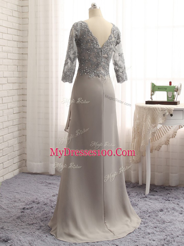 Grey Long Sleeves Lace and Appliques Floor Length Mother Of The Bride Dress