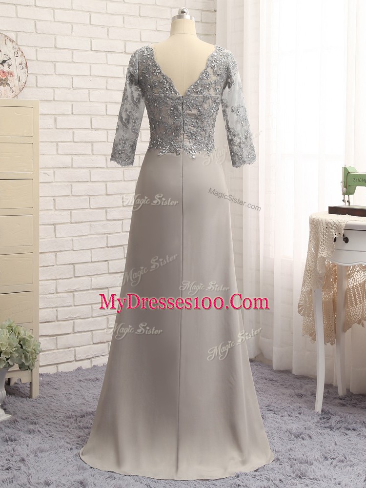 Grey Long Sleeves Lace and Appliques Floor Length Mother Of The Bride Dress