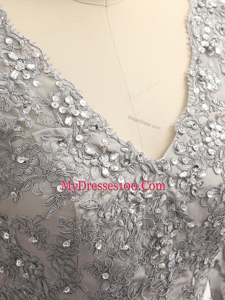 Grey Long Sleeves Lace and Appliques Floor Length Mother Of The Bride Dress