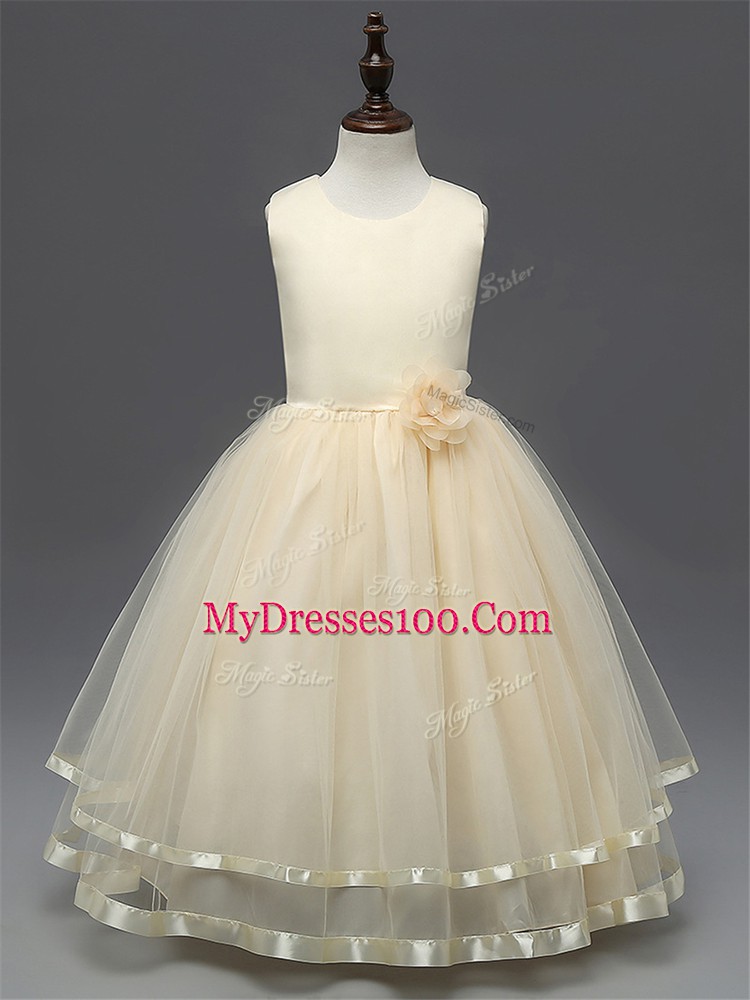 Sweet Champagne Sleeveless Floor Length Hand Made Flower Zipper Pageant Gowns For Girls