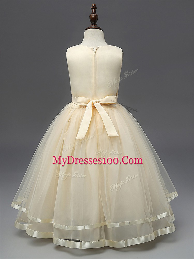 Sweet Champagne Sleeveless Floor Length Hand Made Flower Zipper Pageant Gowns For Girls