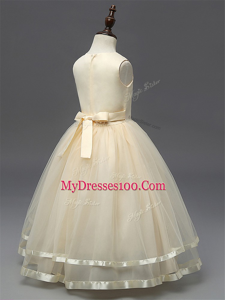 Sweet Champagne Sleeveless Floor Length Hand Made Flower Zipper Pageant Gowns For Girls