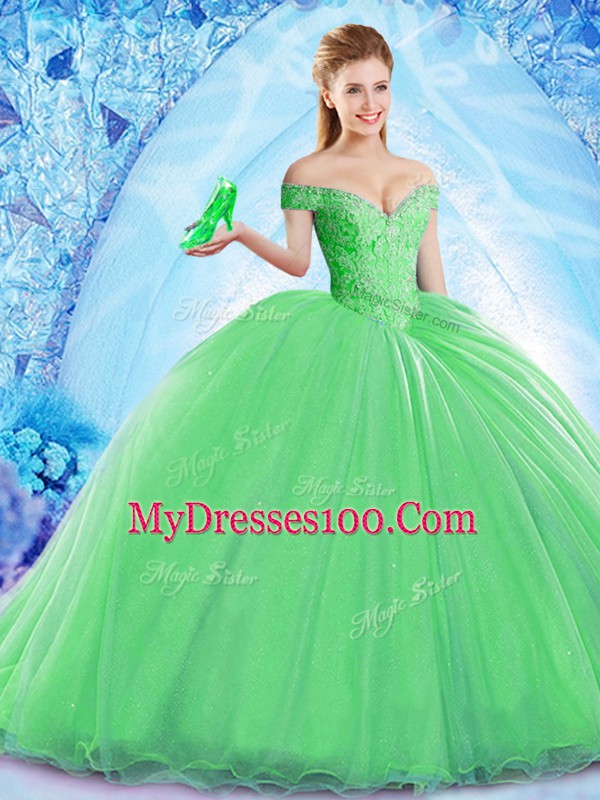 Best Selling Green Off The Shoulder Lace Up Beading Quinceanera Gowns Brush Train Sleeveless