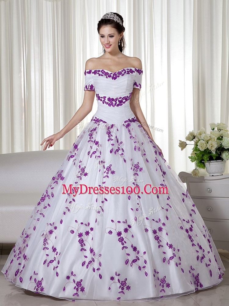 Off The Shoulder Short Sleeves Ball Gown Prom Dress Floor Length Embroidery White Organza