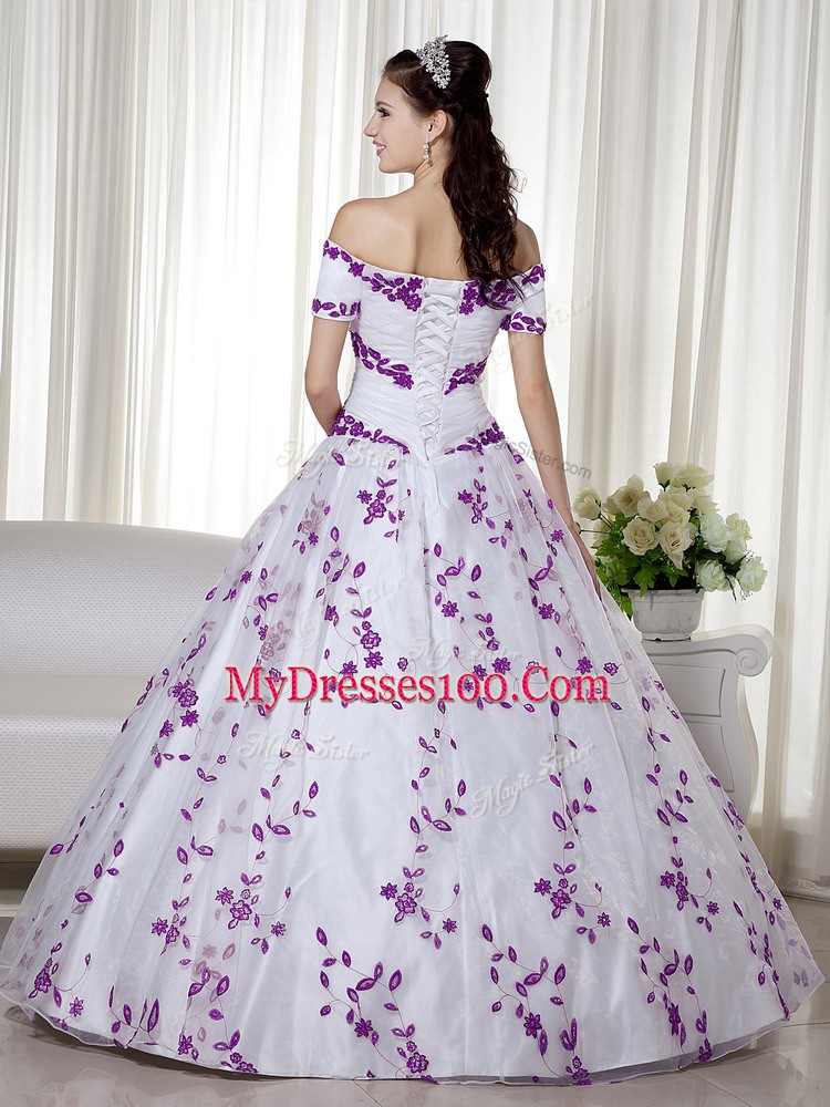 Off The Shoulder Short Sleeves Ball Gown Prom Dress Floor Length Embroidery White Organza