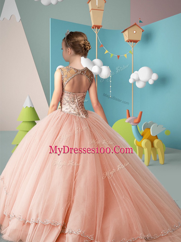 Lavender Lace Up Little Girls Pageant Gowns Beading Sleeveless Brush Train