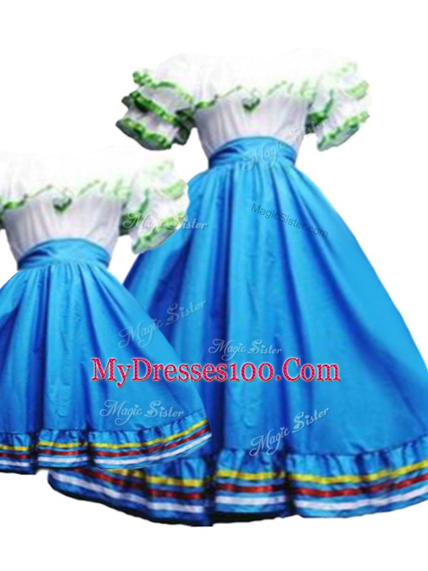 New Style Baby Blue Short Sleeves Floor Length Pick Ups Lace Up Sweet 16 Quinceanera Dress