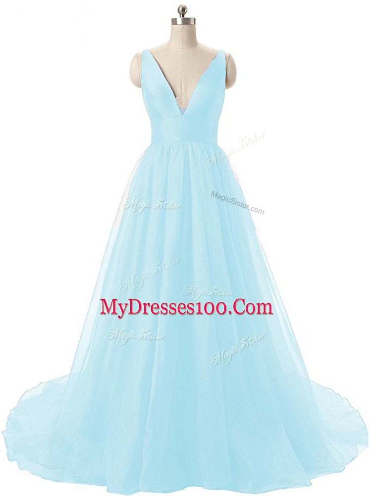 Spectacular V-neck Sleeveless Brush Train Backless Aqua Blue Organza