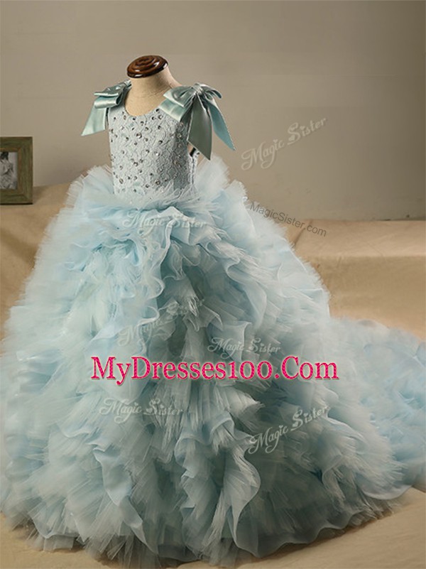 Modern Sleeveless Beading and Ruffles and Bowknot Zipper Girls Pageant Dresses with Light Blue Brush Train