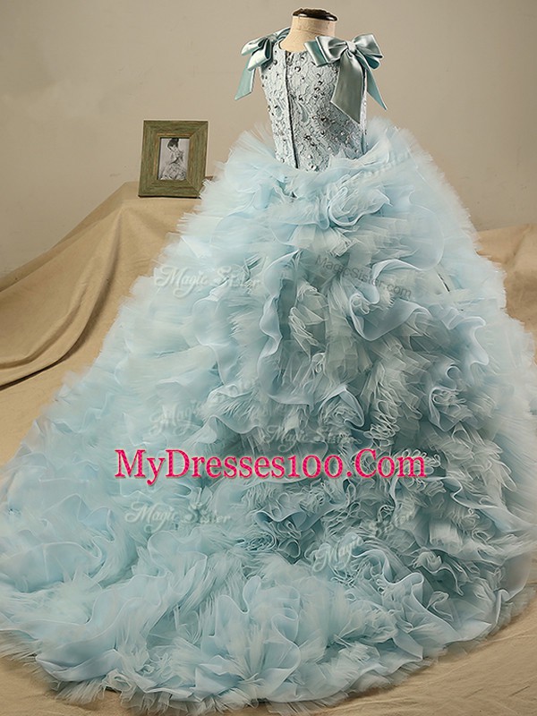 Modern Sleeveless Beading and Ruffles and Bowknot Zipper Girls Pageant Dresses with Light Blue Brush Train