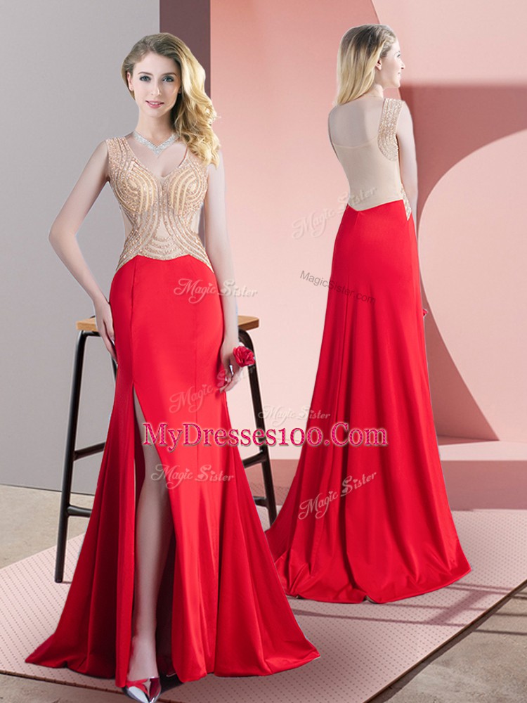 Captivating Beading Pageant Dress for Teens Red Zipper Sleeveless Brush Train