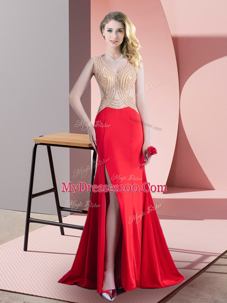 Captivating Beading Pageant Dress for Teens Red Zipper Sleeveless Brush Train