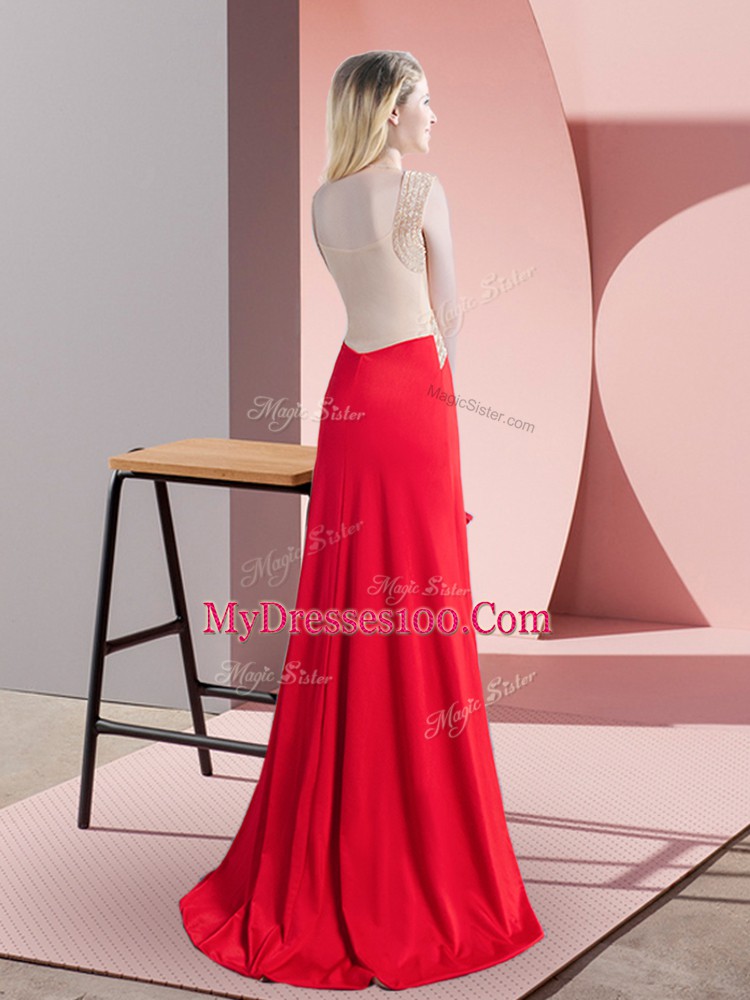 Captivating Beading Pageant Dress for Teens Red Zipper Sleeveless Brush Train