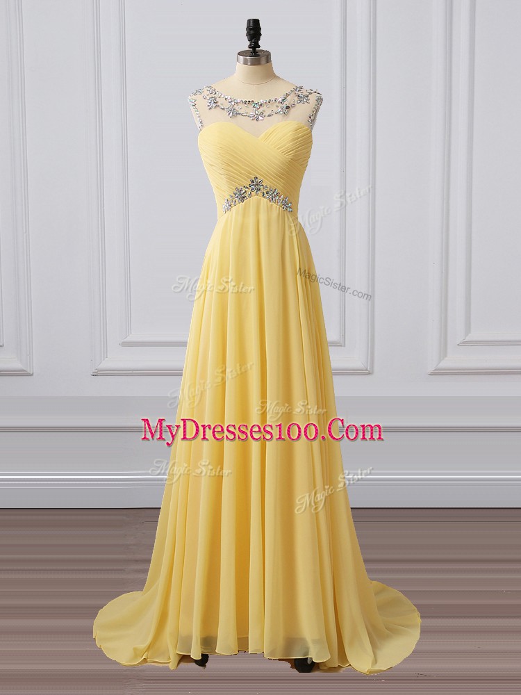 Stylish Scoop Sleeveless Brush Train Beading and Ruching Yellow Chiffon