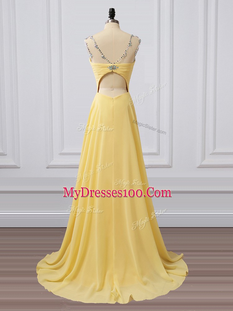 Stylish Scoop Sleeveless Brush Train Beading and Ruching Yellow Chiffon