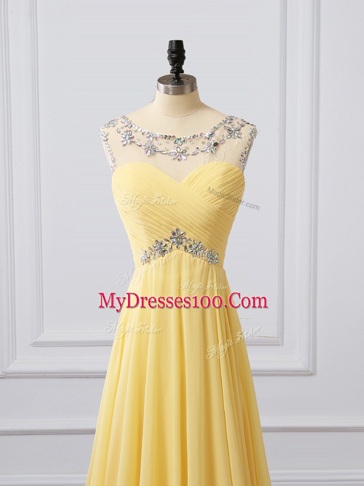 Stylish Scoop Sleeveless Brush Train Beading and Ruching Yellow Chiffon