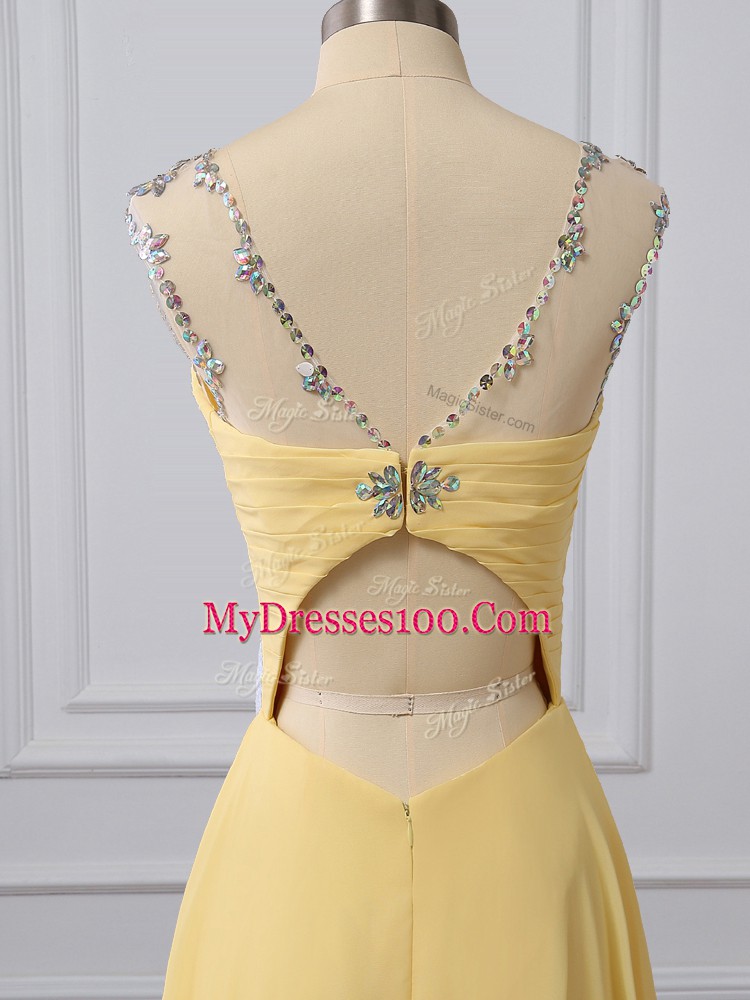 Stylish Scoop Sleeveless Brush Train Beading and Ruching Yellow Chiffon