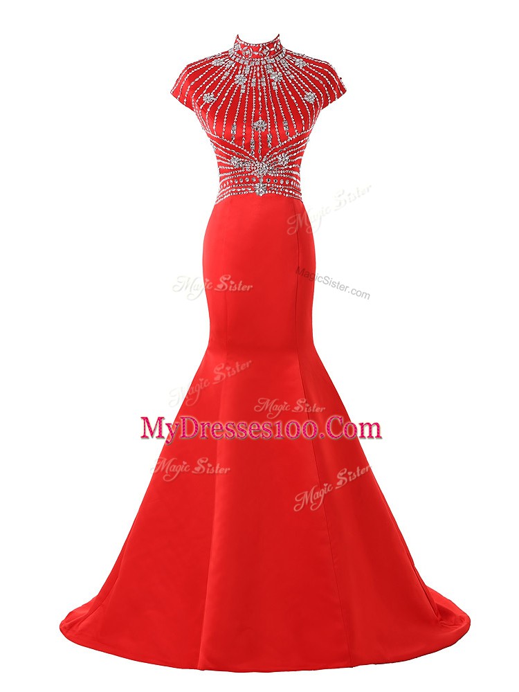 Affordable Satin Short Sleeves Homecoming Dress Sweep Train and Beading