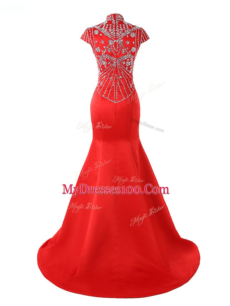 Affordable Satin Short Sleeves Homecoming Dress Sweep Train and Beading